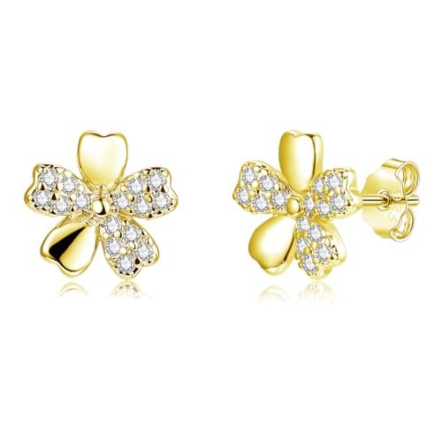 Image of Estrellique Gold Earrings for Women Girls, 925 Sterling Silver Plumeria Flower Stud Earrings, Dainty CZ 8mm Lovely Silver Flower Earrings Minimalist Ear Studs Piercing Jewellery Gifts Birthday