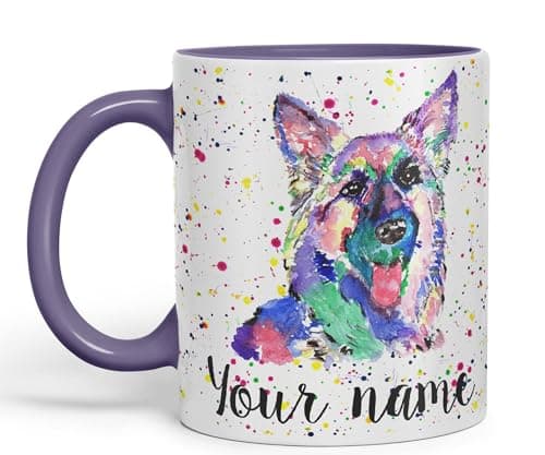 Image of Vixar Personalised with Your Text German Shepherd Dog Pet Animals Watercolour Art Coloured Ceramic Mug Cup Gift 330ml 11oz Custom Work Office Tea Coffee (Purple)
