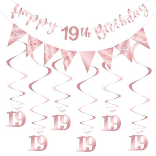 Image of Szhuiher Rose Gold 19th Birthday Party Decorations Supplies, Happy 19th Birthday Banner Bunting Swirls Streamers, Triangle Flag Banner for 19th Birthday Decoration Kit