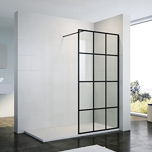 Image of ZANOFIRA 900mm Black Grid Walk in Shower Screen 8mm Toughened Safety Glass Industrial Style Wet Room Shower Panel with Stainless Steel Support Bar Reversible for Shower Cubicles