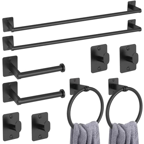 Image of Toilet Roll Holder and Towel Rail Set, Gypie 10 Pieces Black Bathroom Accessories Set, Metal Bathroom Hardware Set Includes 24″ Black Towel Rail, Toilet Roll Holder, Towel Ring, and Wall Hooks