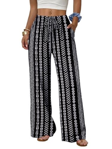 Image of Aokosor Wide Leg Trousers for Women UK Flowy Palazzo Drawstring Elastic Waist Ladies Trousers Women's Clothing Pattern Black Striped XL