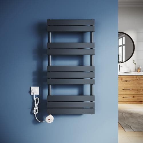 Image of ZANOFIRA Smart WiFi Electric Flat Panel Heated Towel Rail with UK Plug, 600W Anthracite Bathroom Towel Warmer with LCD Thermostat, Overheat Protection & Adjustable Temperature Control, 1000x500mm