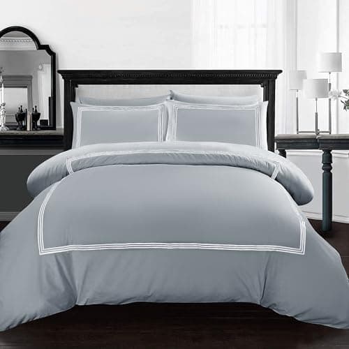 Image of AR Ware Grey King Size Duvet Cover Set - Soft Luxury Bratta Stitch Embroidered Microfiber Duvet Sets with 2 Pillowcases - Non Iron Bedding Hotel Quality Quilt Cover