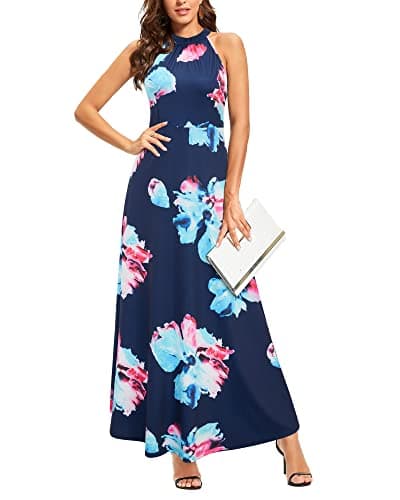 Image of STYLEWORD Women's Floral Print Sleeveless Off Shoulder Elegant Summer Dress Halter Neck Maxi Long Dress (Floral05,M)