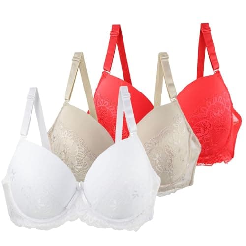 Image of Underwire Minimizer Bras for Women Women's Underwire Padded Sexy Bra Push Up Full Cup Size Minimizer Everyday Bras Support Comfortable Bralette Lounge Lingerie Breathable with Adjustable 3Pcs Beige