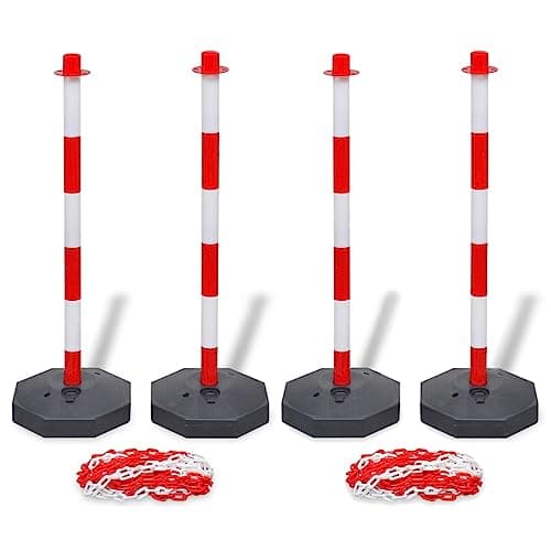 Image of Teenpull Set of 4 PE Barrier Posts with 2 Red & White Plastic Chains 10m x 90cm High with Feet for Safe Barrier in Warehouse, Industry and Construction Site