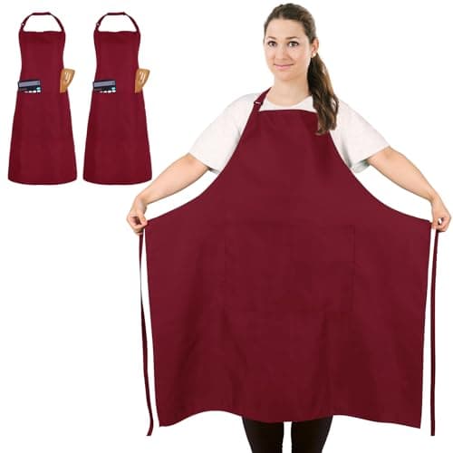 Image of FunChaos 2 Pcs Plus Size Chef Apron, Deep Red Apron, Unisex Aprons with 2 Pockets for Cooking, Grilling, BBQ, Work, Professional Aprons for Waiter Artist Hairdresser (Large Size)