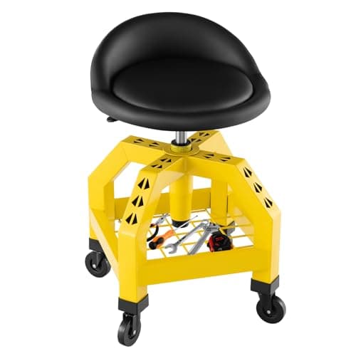 Image of COSTWAY Rolling Mechanic Stool, Height Adjustable Pneumatic Roller Creeper Seat with Tool Tray & 4 Universal Casters, 150kg Capacity Swivel Padded Chair for Garage Workshop Factory (Yellow)