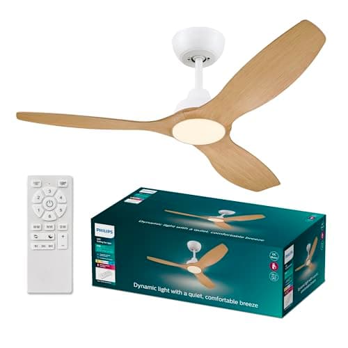 Image of Philips Olas Ceiling Fan, 3 Blades, 24W LED Light, DC Motor, Color Temperature Range (3000K-4300K-6500K) with Dimmable Function, Remote Included, 52", white and wood