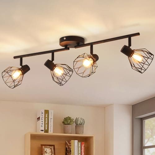 Image of ANWIO Kitchen Lights Ceiling,4 Way Black Lounge Industrial Wall Lights-Adjustable SpotLights Ceiling Lights Wire Cage with E14 Base, Light Fittings Ceilings for Kitchen Living Room(NO Bulbs)
