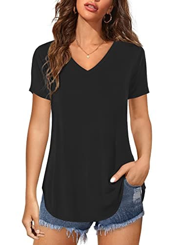 Image of Florboom Ladies Short Sleeve V-Neck Shirts Loose Casual Tee Summer Tops, Black 20 22