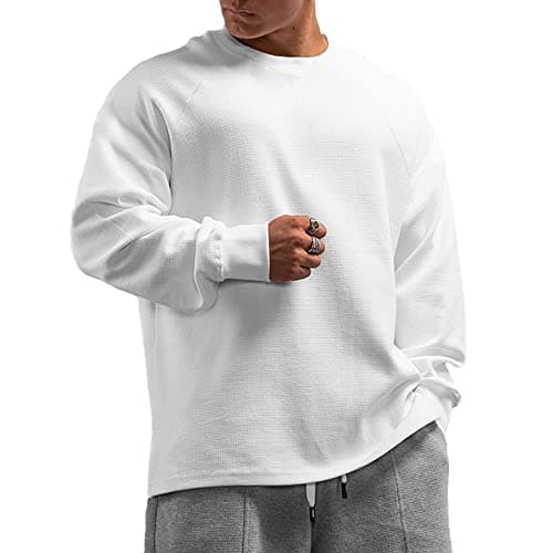 Image of Men's Basic Long Sleeve Waffle Sweatshirt Loose Fit Workout Pullover Crewneck Shirt White S