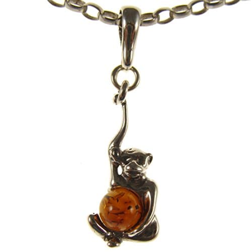 Image of Baltic amber and sterling silver 925 monkey pendant necklace with 1mm Italian sterling silver 925 snake chain