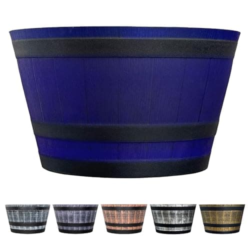 Image of SG Traders Large Half Barrel Cask Planter, Indoor Plant Pot with Drainage Holes, Flower Pots Outdoor Garden Planters, Plastic, Dark Blue with Black Bands, 52 x 31cm