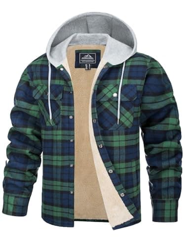 Image of TACVASEN Men's Hooded Flannel Shirts Jacket Lined Fleece Plaid Hoodies Shirts Button Down Padded Check Lumberjack Jacket Green,M