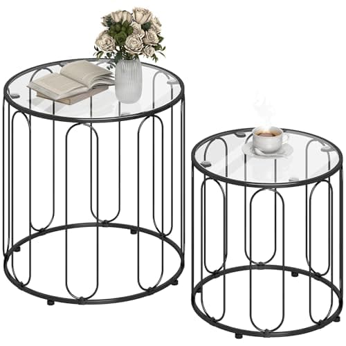 Image of HOMCOM Round Coffee Table Set of 2, Glass Nest of Tables with Metal Frame and Glass Tabletop for Living Room, Black