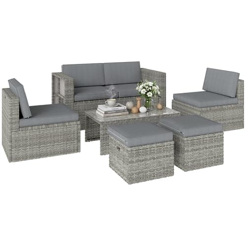 Image of Outsunny 6 Piece Rattan Garden Furniture Set, 6 Seater Nesting Wicker Patio Conversation Set with Loveseat, 2 Chairs, Glass Top Table, 2 Footstools, Cushions, Adjustable Pads for Outdoor, Dark Grey