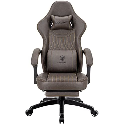Image of Dowinx Gaming Chair for Adults - Recliner Armchair with Massage Lumbar Support, Swivel, Ergonomic Gaming Chair with Footrest, Office Chair PU Leather Brown