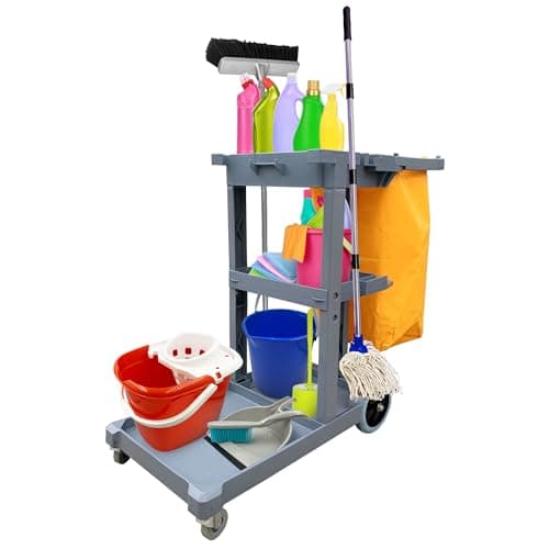 Image of Commercial Cleaning Trolley - 3 Tier Trolley Multipurpose Cleaning Trolley Cart with Large Capacity Removable Waste Bag