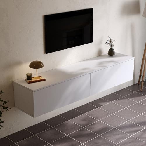 Image of Warmiehomy Floating TV Unit Wall Hung TV Unit white with Router and Cable Holes Media Wall Units for Living Room(White, 160cm)