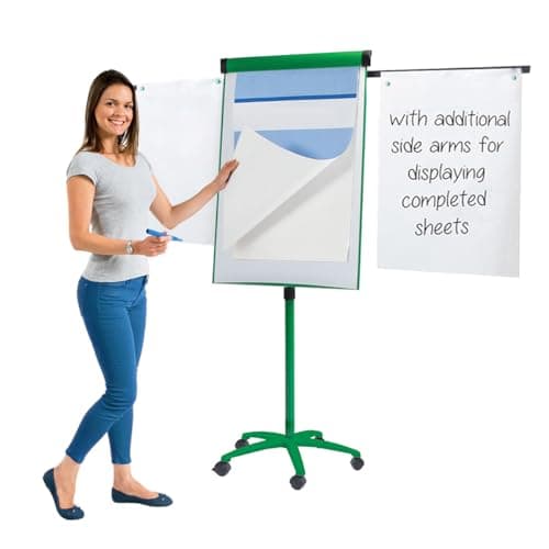 Image of Metroplan Front of Class, Mobile Magnetic Flipchart Easel, 1000 x 680 mm, Green Frame With Locking Castors & Extendable Arms - Ideal for Office, Classroom, Training Venues