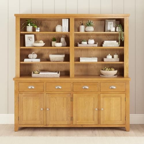 Image of Cheshire Oak Extra Large 4 Door Sideboard with Bookcase Dresser Top – Solid Oak Shaker Furniture, Natural Satin Lacquer Finish