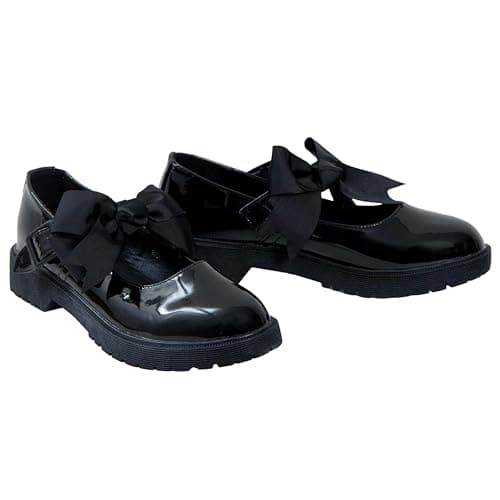 Image of shelikes Girls Mary Jane School Shoes with Detachable Bow On Strap - Toddler Kids Back to School Comfortable Anti-Slip Patent Black Uniform Flat Shoes UK