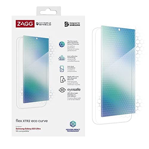 Image of ZAGG InvisibleShield Flex Curve XTR2 ECO Screen Protector Compatible for Samsung Galaxy S23 Ultra, Shockproof, Strong, Anti-Dust Install, Anti-Reflective, Blue Light Eyesafe, 5G, Eco-Friendly, Clear