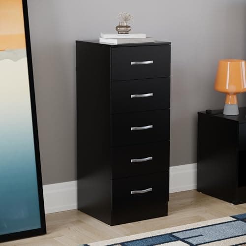 Image of Vida Designs 5 Drawer Narrow Chest Tall Bedroom Storage Unit Sliding Drawers Bedroom Furniture (Black)