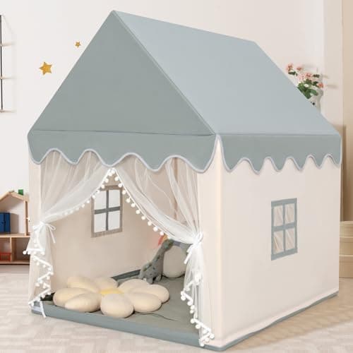 Image of COSTWAY Kids Play Tent, Wood Frame Large Playhouse with Washable Mat and Windows, Indoor Outdoor Castle Fairy Tents for Boys Girls (Beige+Grey)