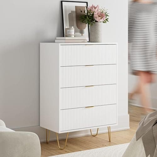 Image of HEYZOEY White Chest of 4 Drawers for Bedroom, 60x34x91cm, Wood Storage Dresser Bedroom Furniture Cabinet for Living Room,Office,Lounge,White