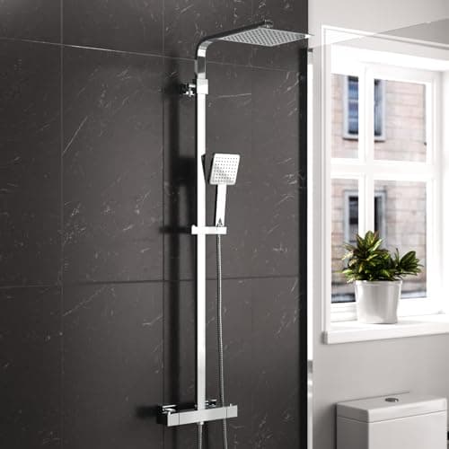 Image of Nes Home | Swan Square Shower Head Thermostatic Exposed Bar Mixer Valve & Riser Rail Kit Handset