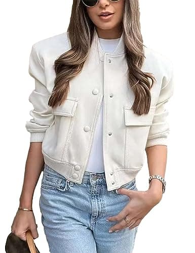 Image of Megfie Womens Cropped Bomber Jacket Button Down Varsity Jackets Shackets With Pockets, Beige, L