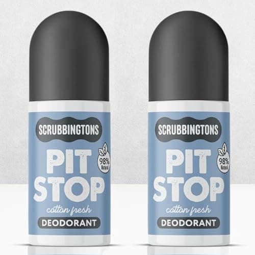 Image of Scrubbingtons Pit Stop 98% Natural Deodorant For Women, Men, Roll on For Sensitive Skin Made in UK. Paediatrician approved, Aluminium & Alcohol Free, Vegan & Cruelty Free, Cotton Fresh, 75ml x 2