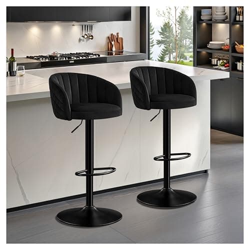 Image of STOOLINK Swivel Bar Stools Set of 2 with Backs and Arms, Adjustable Breakfast Barstools with Footrest, Modern High Bar Chair with Milk-Velvet, Kitchen Stools for Counter and Bar - Black