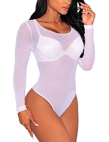 Image of MAYFASEY Women Long Sleeves Stretch Mesh See Through Jumpsuit Bodysuit Leotard Club Party Bodycon Tops, White, XXL