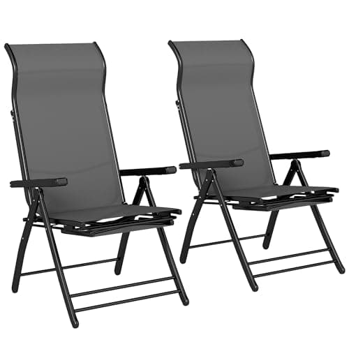 Image of Outsunny Reclining Garden Chairs Set of 2, Folding Garden Recliner Chairs with 85 cm High Back, Retractable Footrest, 5-Position Adjustable Sunloungers for Outdoor, Patio, Beach, Camping, Dark Grey