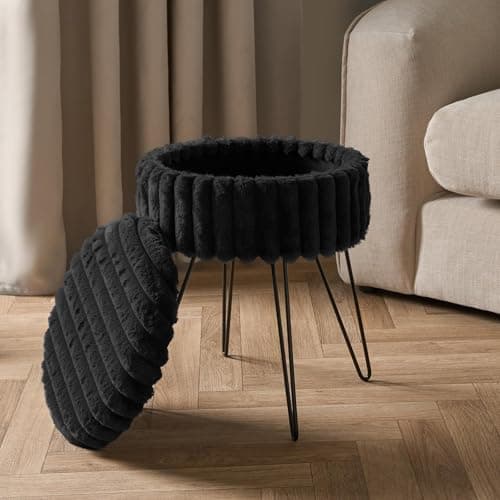 Image of OHS Black Round Footrest Stool Ottoman Faux Fur Ribbed Storage Dressing Table Chair with Hairpin Legs Soft Seat for Living Room Bedroom Dressing Area, One Size