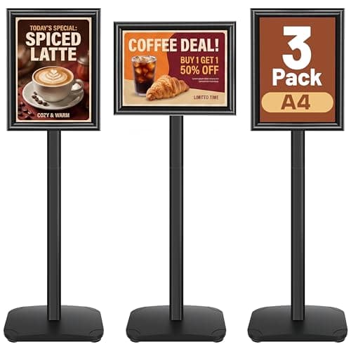 Image of VAIIGO A4 Sign Holder Stand 3Pack - Heavy Duty Floor Standing Poster Display Stand with Snap Frame for Menu Holder, Outdoor Signage, Welcome Sign - Black