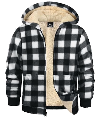 Image of zitysport Boy Fleece Jacket Kids Winter Plaid Fleece Full-Zip Hoodie Fleece Lined Sherpa Sweatshirt Boy's Jacket Soft Warm Hooded Flannel Jacket for Children(XL, Black White)