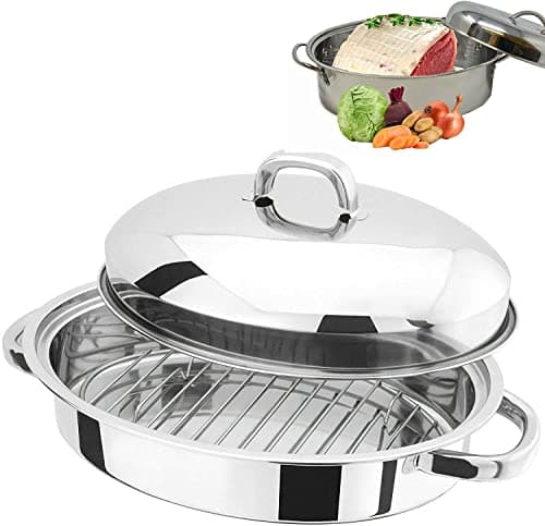 Image of Vintage Gourmet® Professional 32CM Medium Stainless Steel Self Basting Oval Domed Roaster with Rack for Airflow, Basting Juices,Carry Handles Roast Meat Catering Carvery Fits Medium Chicken 36x23x11cm