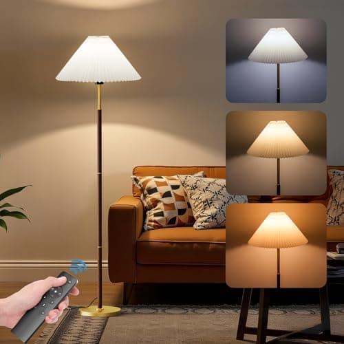 Image of CRLL Floor Lamp for Living Room with Remote, APP & Foot Switch, 12W LED Bulb, 3 Color Temperatures Stepless Dimmable Tall Standing Lamp, Pleated Shade & Red Wood Grain Pole