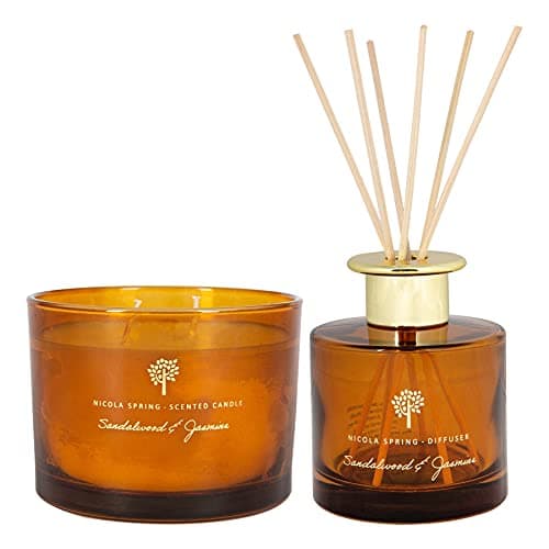 Image of Nicola Spring Sandalwood & Jasmine Scented Candle & Reed Diffuser Set - 350g Soy Wax Candle 38 Hour Burning Time Large Relaxing Fragrance Gift Set Aromatherapy 200ml Fragrant Diffuser