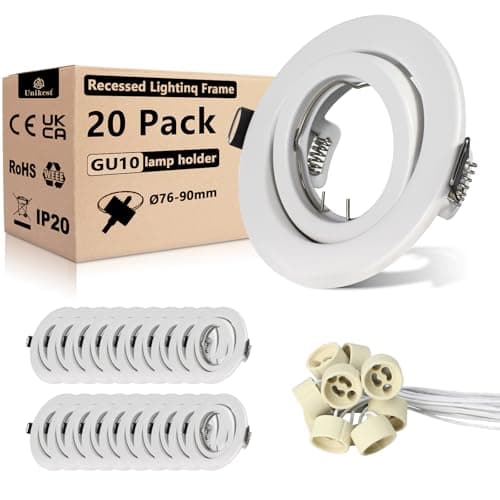 Image of Unikcst 20x Recessed GU10 Light Fittings Round White Metal Frame for Spot Lights 30°Tilt Swivel Downlights Frame with GU10 Holder, Outer Diameter: 98mm, Cutout Ø76-90mm, No Bulbs