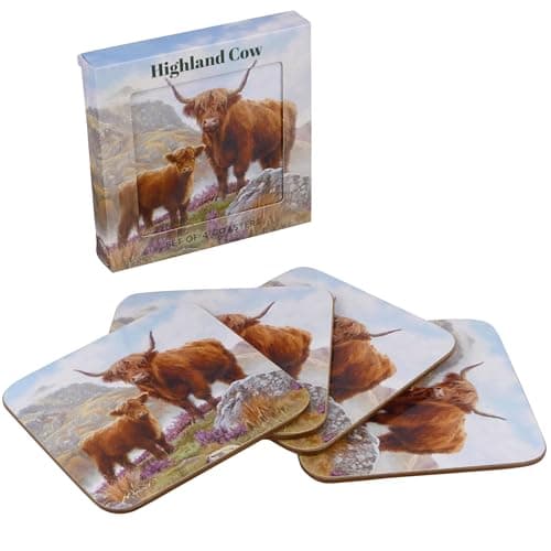 Image of The Leonardo Collection Highland Cow Coasters Set of 4 Macneil Studios For Home & Office | Stylish Coaster For Tabletops & Dining Spaces | Durable & Decorative Home Accessories for Drinks & Tables