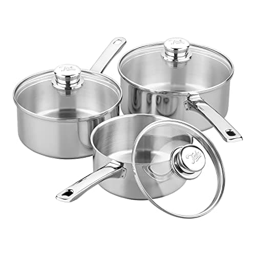 Image of Tala Performance 3 Piece Stainless Steel Cookware Set, Saucepans with Glass lids, 16, 18 20cm. Made in Portugal, Guarantee, Suitable for All hob Types Including Induction Polished Mirror Shine Finish
