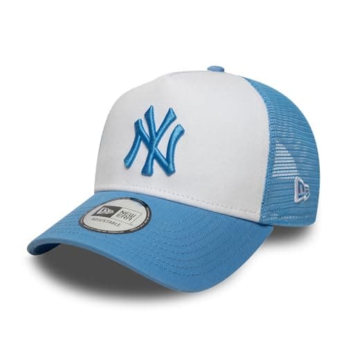 Image of New Era Adult's 9Forty Trucker League Essential MLB New York Yankees Trucker Baseball Cap Hat Pastel Blue