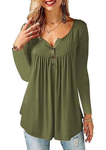 Image of Florboom Ladies Tunic Tops Loose Fit Autumn Pleated Blouse Tunic Army Green 8-10
