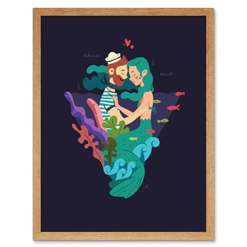 Image of Wee Blue Coo Nautical Love Mermaid Sailor Art Print Framed Poster Wall Decor 12X16 Inch